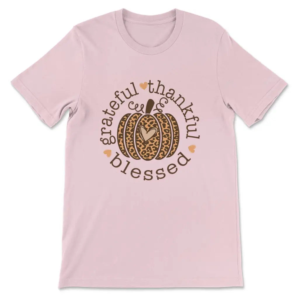 Grateful Thankful Blessed Leopard Pumpkin Women’s T-shirt Pink / S