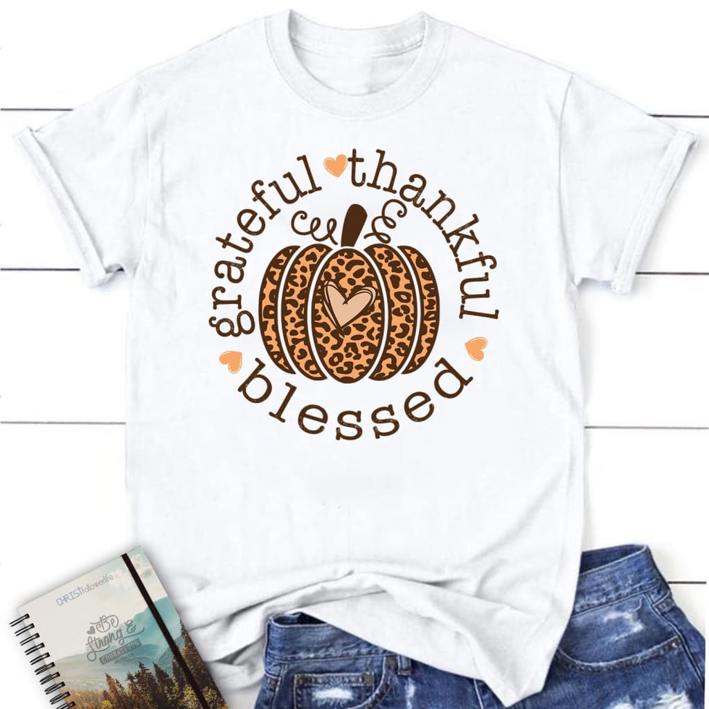 Grateful Thankful Blessed Leopard Pumpkin Women’s T-shirt White / S