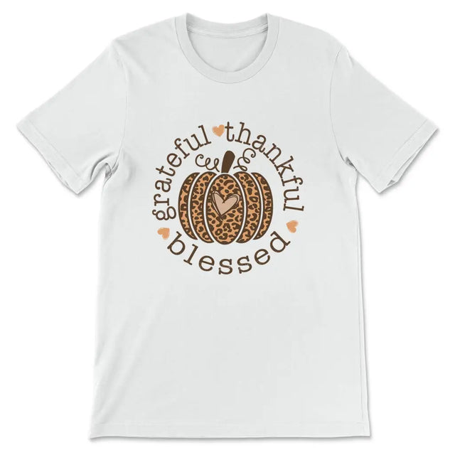 Grateful Thankful Blessed Leopard Pumpkin Women’s T-shirt White / S