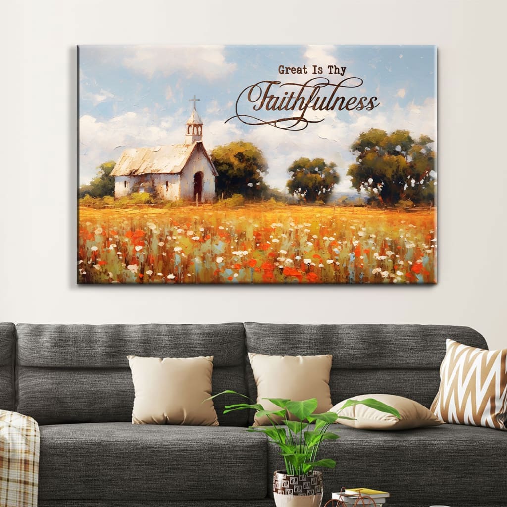 Christian wall art canvas with "Great is Thy Faithfulness," showcasing an old chapel in a serene field setting.