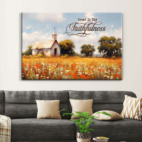 Christian wall art canvas with "Great is Thy Faithfulness," showcasing an old chapel in a serene field setting.