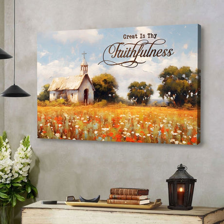 "Great is Thy Faithfulness" wall art canvas featuring an old chapel in a field, perfect Christian home decor.