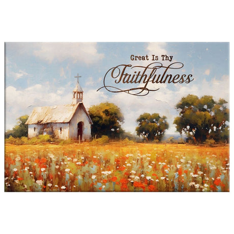 "Great is Thy Faithfulness" canvas print with an old chapel in a field, ideal for Christian home decor and gifts.