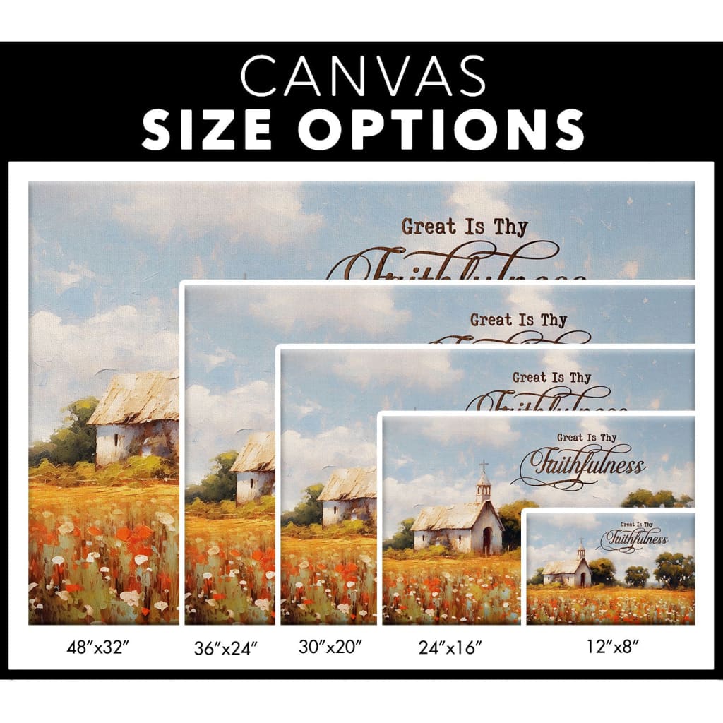 Inspirational Christian wall art featuring &quot;Great is Thy Faithfulness&quot; and a peaceful old chapel in a field / canvas features.