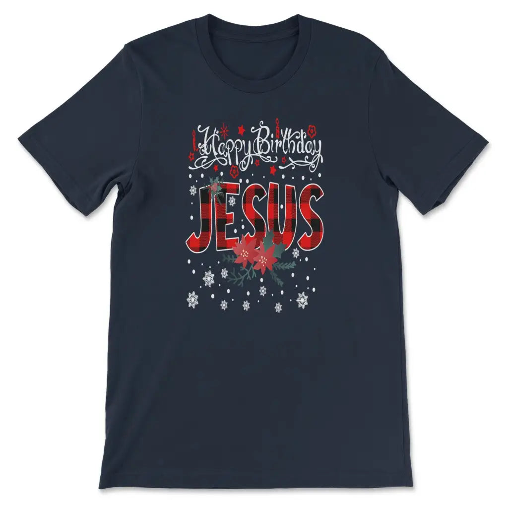 Happy Birthday Jesus Buffalo Plaid Christmas T-shirt Navy / S