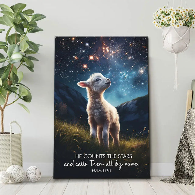 Christian wall art with "He Counts the Stars and Calls Them All by Name" Psalm 147:4, starry night and sheep scene.