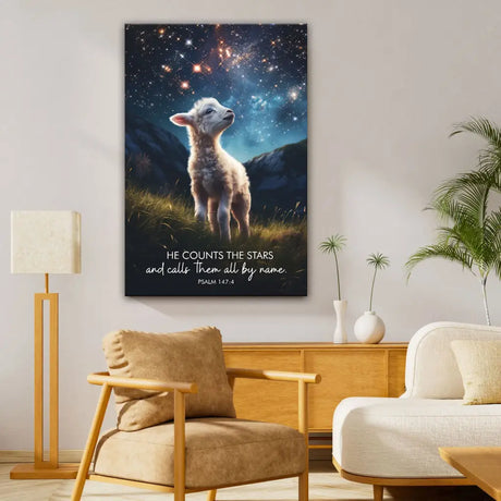Inspirational wall art with "He Counts the Stars" Psalm 147:4, starry sky and sheep scene, Christian decor.