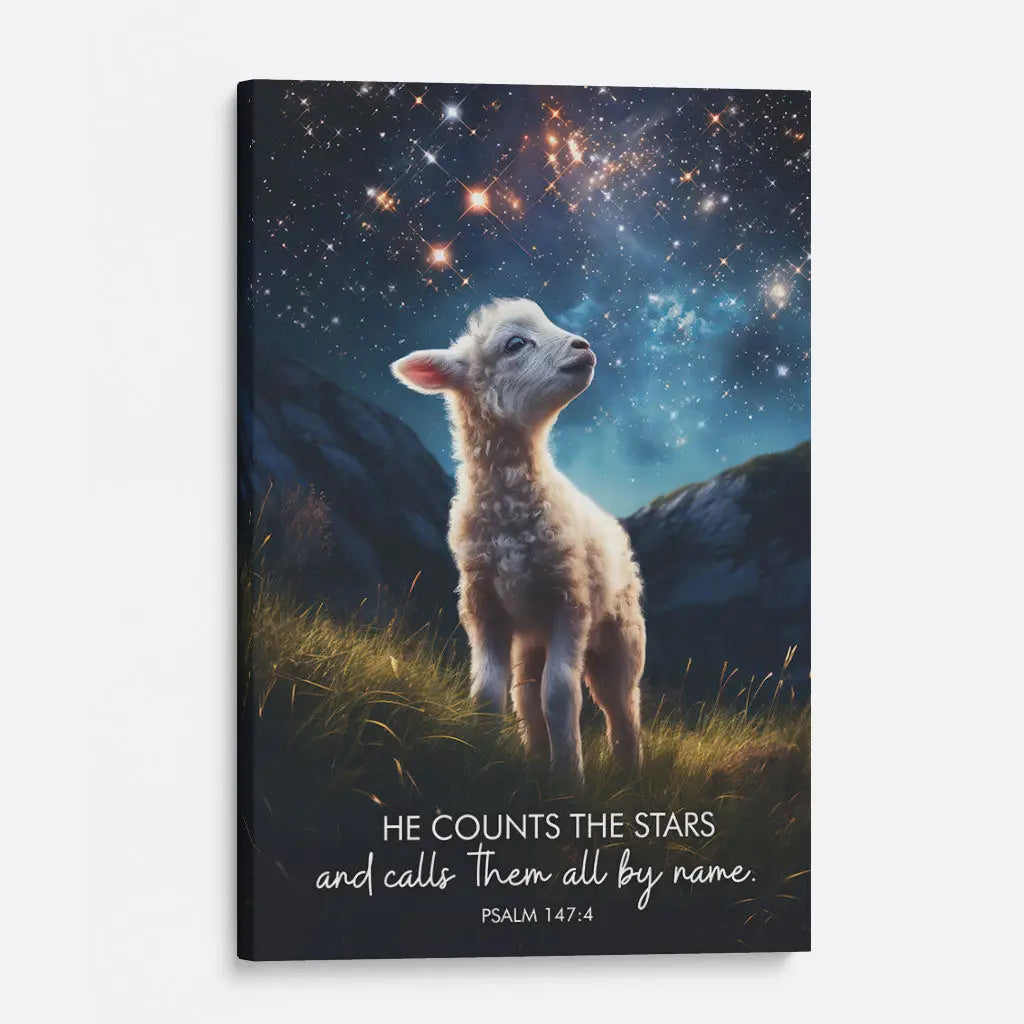 Faith-based wall decor with Psalm 147:4, showing sheep beneath the stars, inspirational Christian gift.