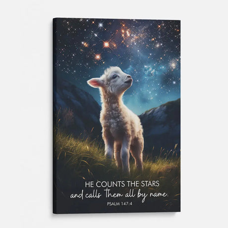 Faith-based wall decor with Psalm 147:4, showing sheep beneath the stars, inspirational Christian gift.