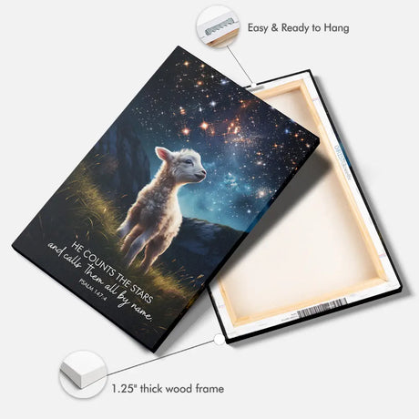 Christian wall art featuring Psalm 147:4, a serene night with sheep under stars, perfect Bible verse decor.