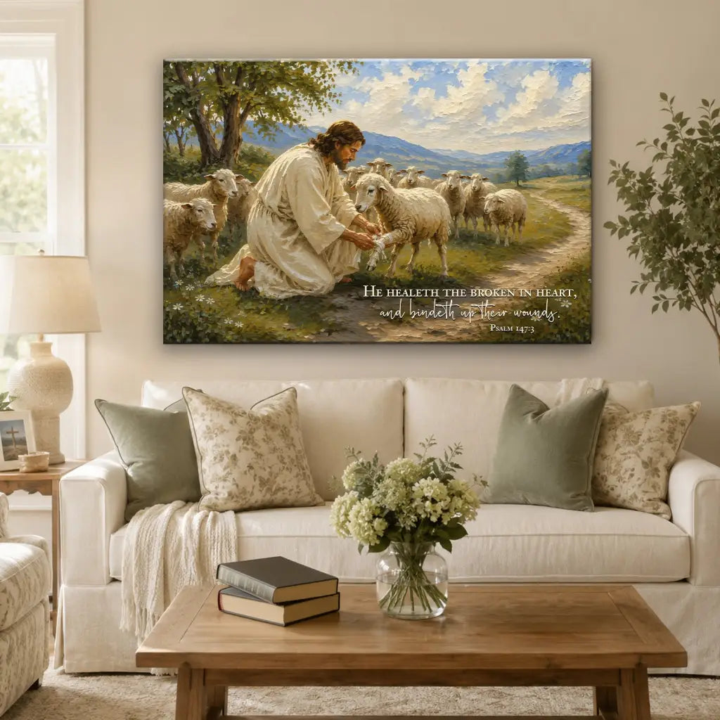 He Healeth the Broken in Heart Psalm 147:3 Christian Wall Art Canvas