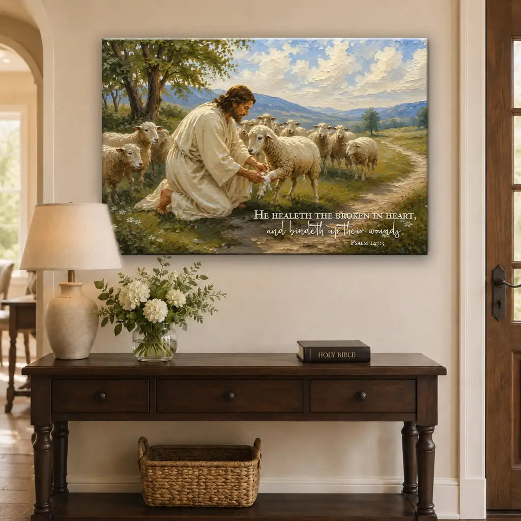 He Healeth the Broken in Heart Psalm 147:3 Christian Wall Art Canvas