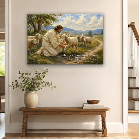 Christian canvas print with Psalm 147:3 He Healeth the Broken in Heart scripture