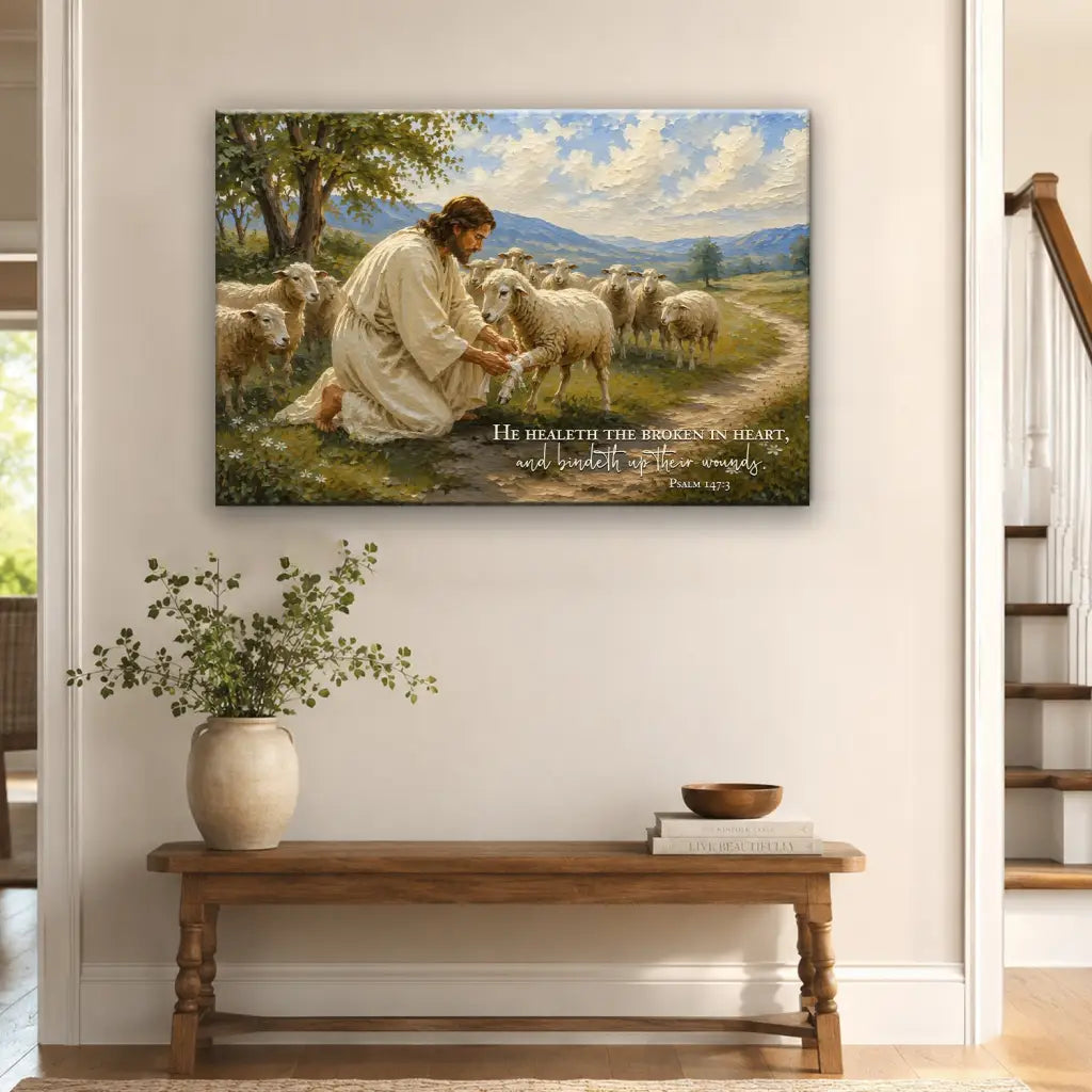 He Healeth the Broken in Heart Psalm 147:3 Christian Wall Art Canvas