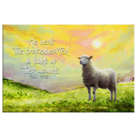 Christian canvas print featuring Psalm 147:3, "He Heals the Brokenhearted," with sheep, ideal faith wall decor.