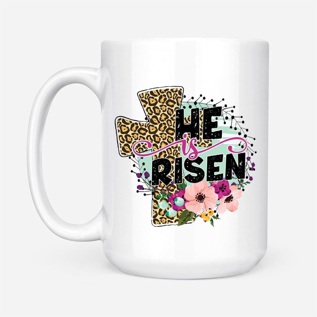 Christian mugs, He Is Risen Leopard Cross Coffee Mug 15 oz