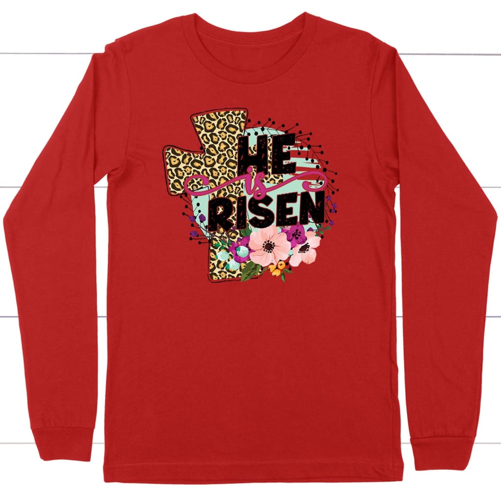 He Is Risen Leopard Cross Long Sleeve Shirt Red / S