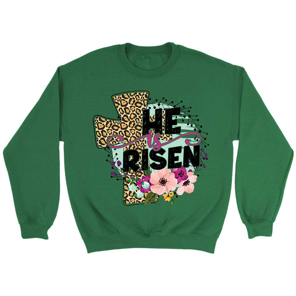 He Is Risen Leopard Cross Sweatshirt Irish Green / S