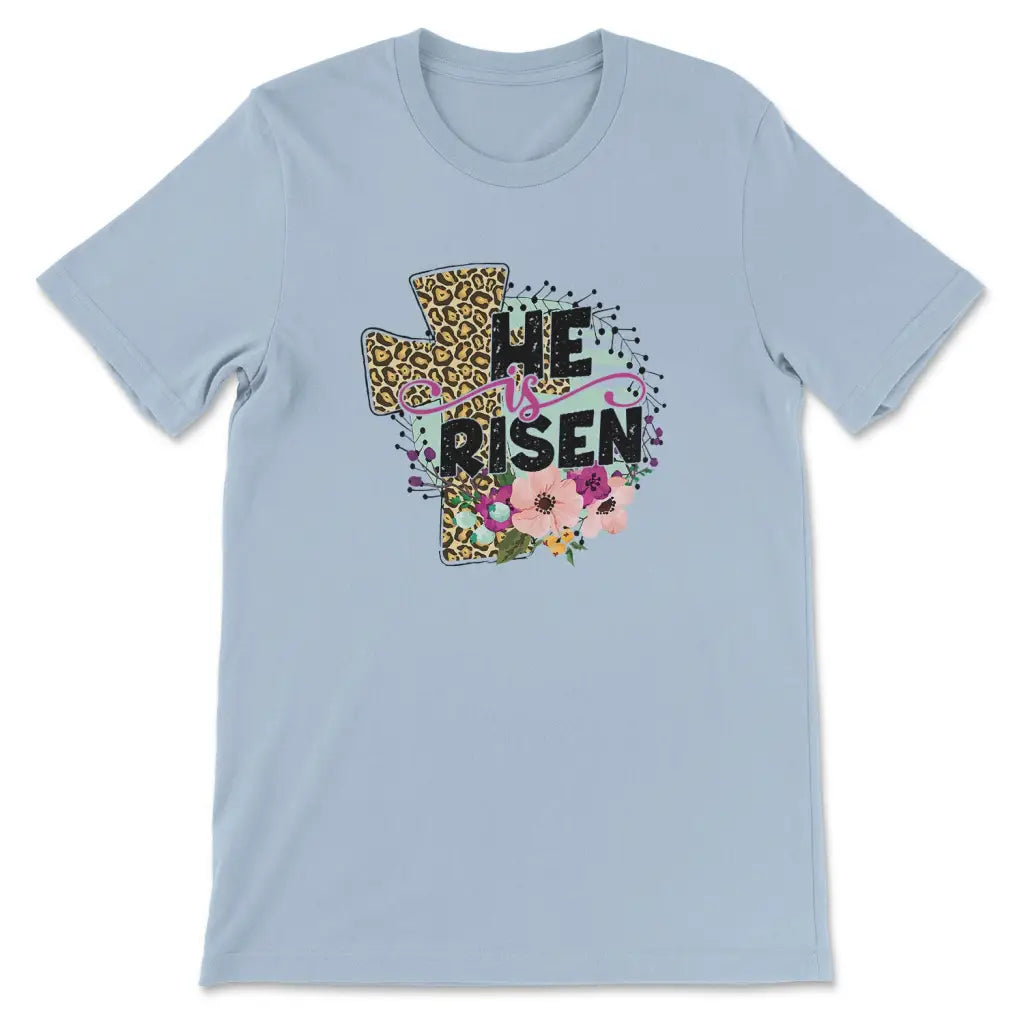 He Is Risen Leopard Cross Women’s T-shirt Light Blue / S