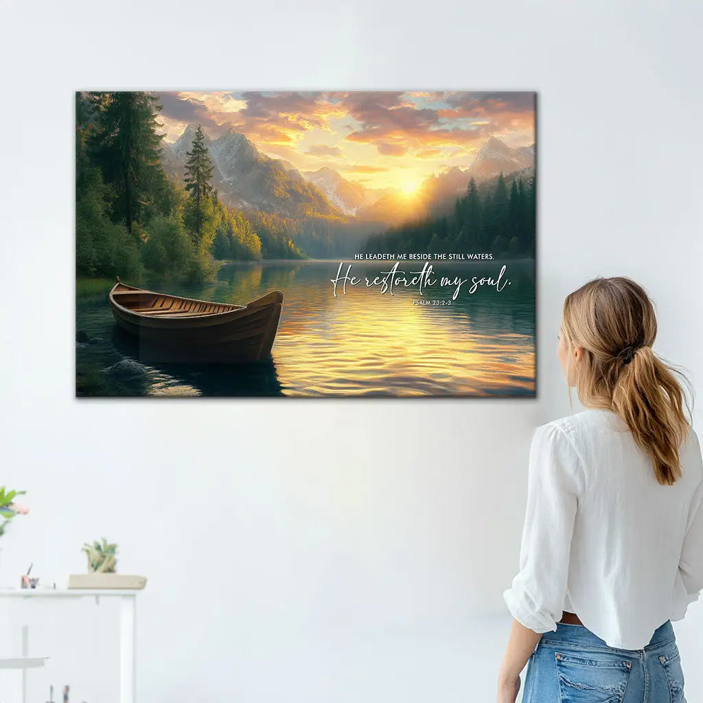 Faith-based canvas print: "He leadeth me beside the still waters" Psalm 23:2-3, with a serene lake and nature scene.