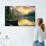 Faith-based canvas print: "He leadeth me beside the still waters" Psalm 23:2-3, with a serene lake and nature scene.