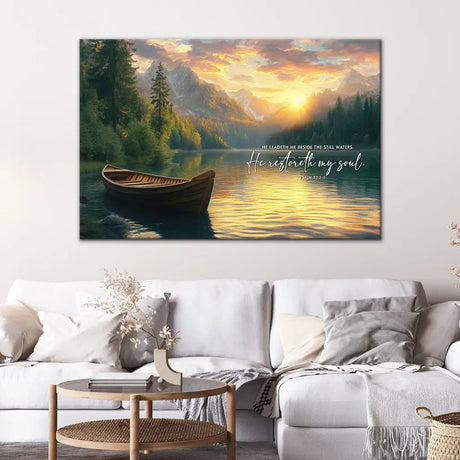 Christian wall art canvas: "He leadeth me beside the still waters" Psalm 23:2-3, featuring a peaceful lake and mountains.