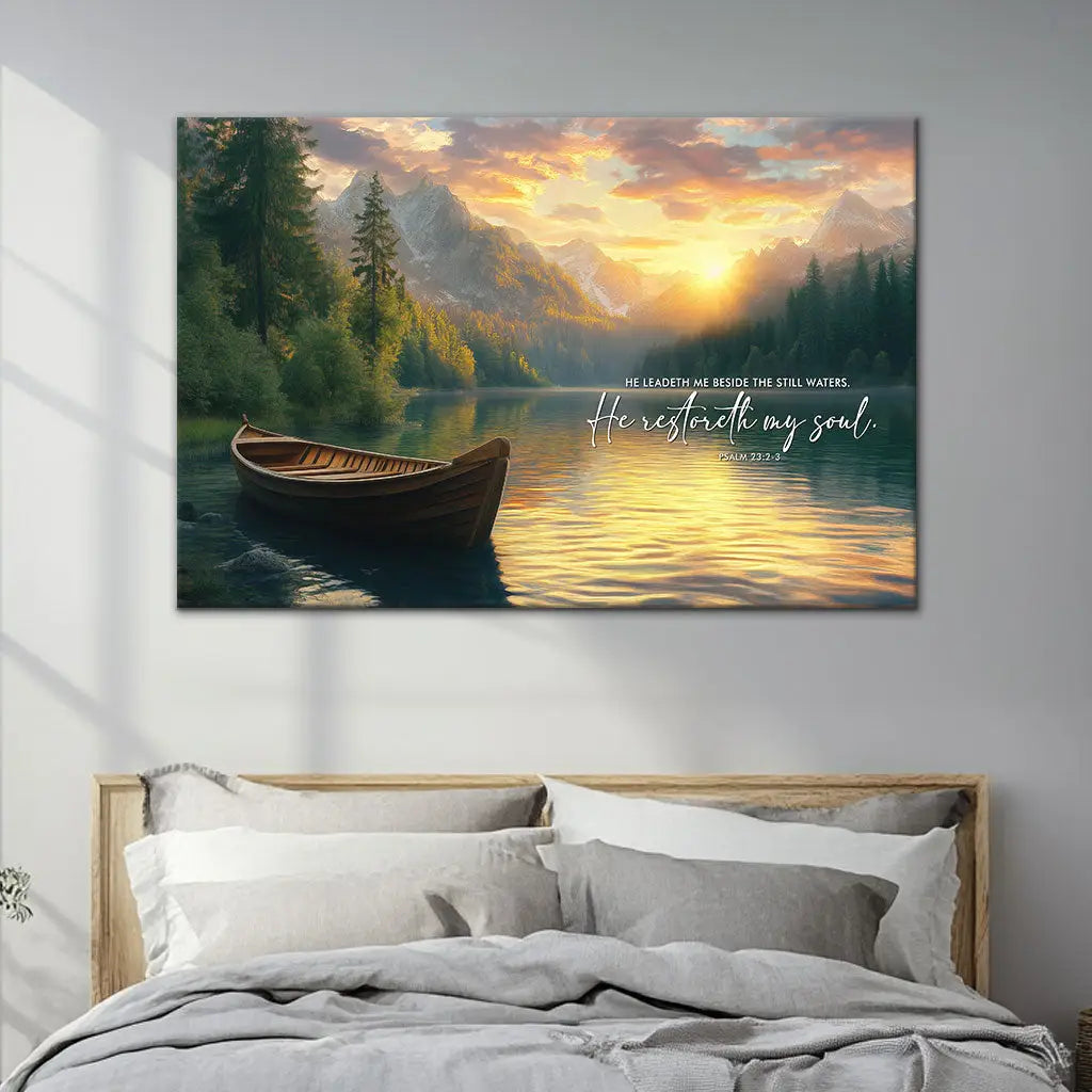 Inspirational Christian wall art: Psalm 23:2-3 with still waters, tall mountains, trees, and a peaceful boat.