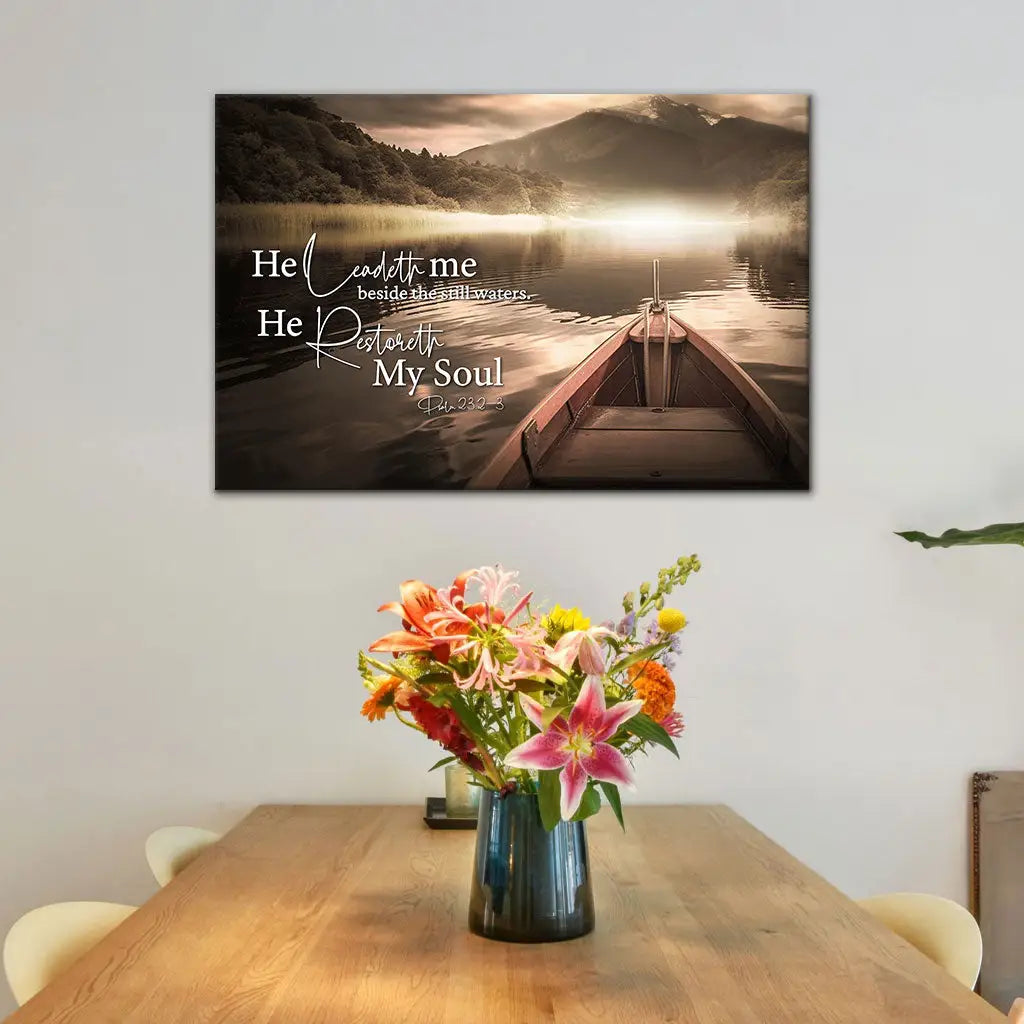 Faith-based Christian canvas with peaceful water scene, Bible verse from Psalm 23:2–3.
