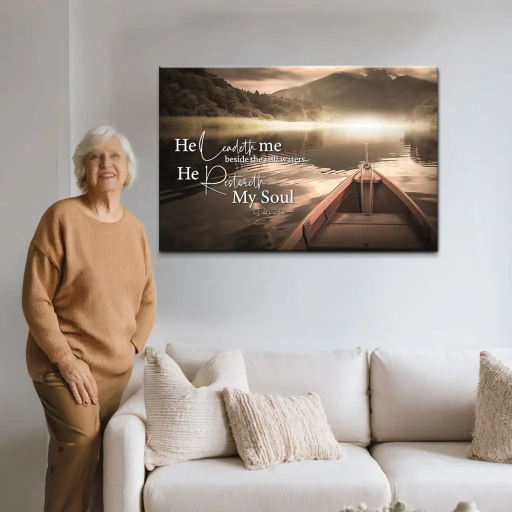 Christian wall art with Psalm 23:2–3, still waters scene, faith-based Bible verse canvas for peace.
