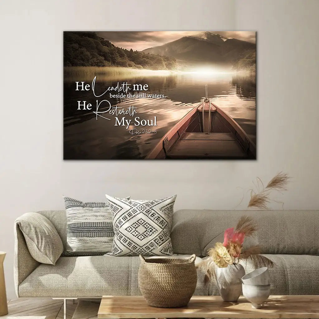 He Leadeth Me canvas, inspirational Christian gift with scripture about faith, rest, and Jesus.