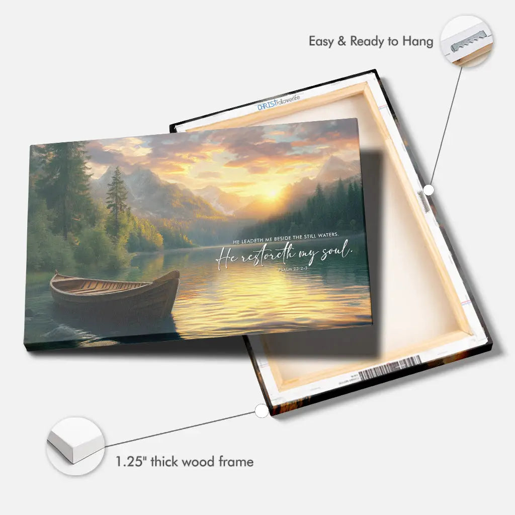 Scripture wall art canvas: &quot;He leadeth me beside the still waters&quot; Psalm 23:2-3, featuring a tranquil lake and nature.