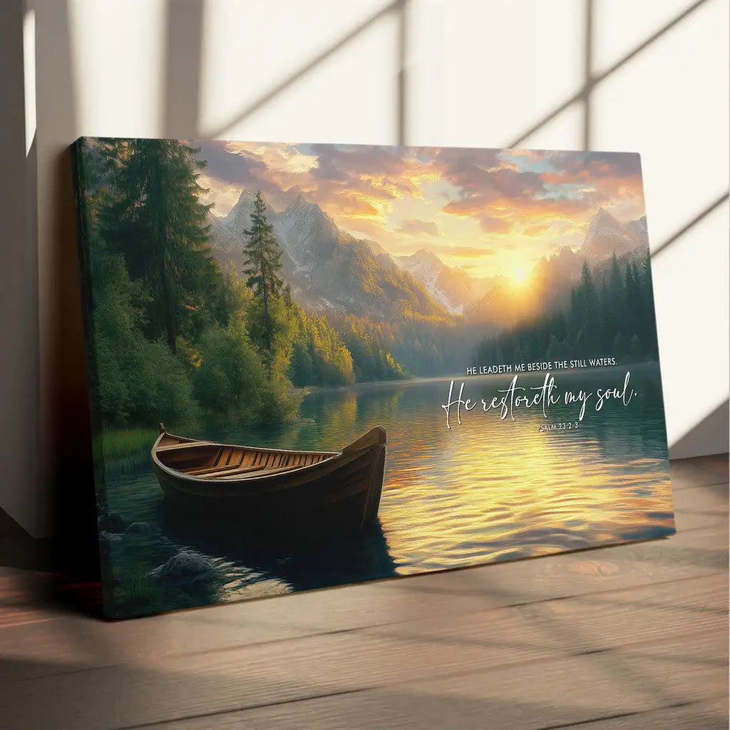 Bible verse wall art with Psalm 23:2-3, a calm boat on still waters, tall mountains, and trees. Inspirational Christian decor.