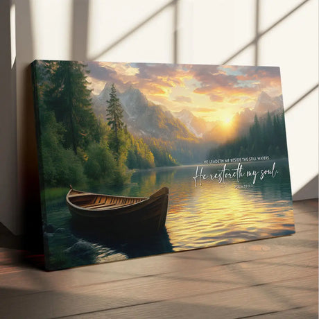 Bible verse wall art with Psalm 23:2-3, a calm boat on still waters, tall mountains, and trees. Inspirational Christian decor.