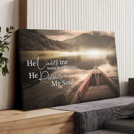 Psalm 23 wall art with still waters, Bible verse canvas gift for comfort, faith, and encouragement.