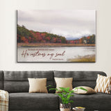 Christian wall art canvas with Psalm 23:2-3: "He Leads Me Beside Still Waters, He Restores My Soul," featuring a serene lake painting.