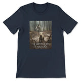 Inspirational T-shirt with "He Left the 99 to Rescue Me," depicting Jesus rescuing a lost sheep. Navy / S