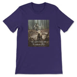 Faith-based T-shirt design showcasing "He Left the 99 to Rescue Me" with Jesus and a lost sheep graphic. Purple / S
