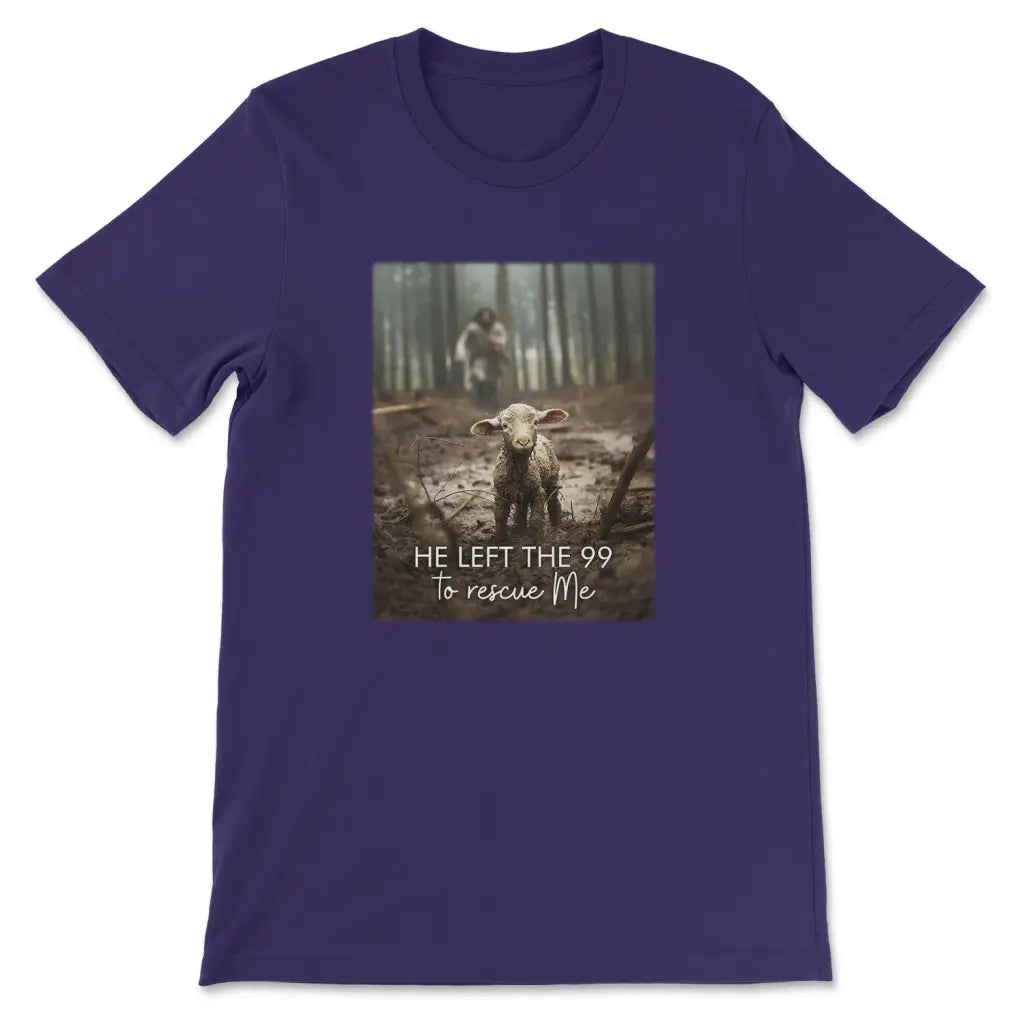 Faith-based T-shirt design showcasing &quot;He Left the 99 to Rescue Me&quot; with Jesus and a lost sheep graphic. Purple / S