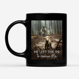 Faith-based coffee mug showing Jesus and a lost sheep with the message, "He Left the 99 to Rescue Me," great for religious gifts.
