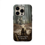 Christian phone case with "He Left the 99 to Rescue Me" and Jesus with lost sheep, perfect faith-based gift.