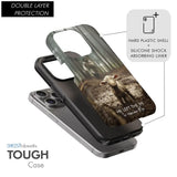 Faith-based phone case featuring Jesus and lost sheep with "He Left the 99 to Rescue Me," ideal for believers.