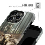 Christian phone case displaying "He Left the 99 to Rescue Me" and Jesus with lost sheep, ideal for believers.