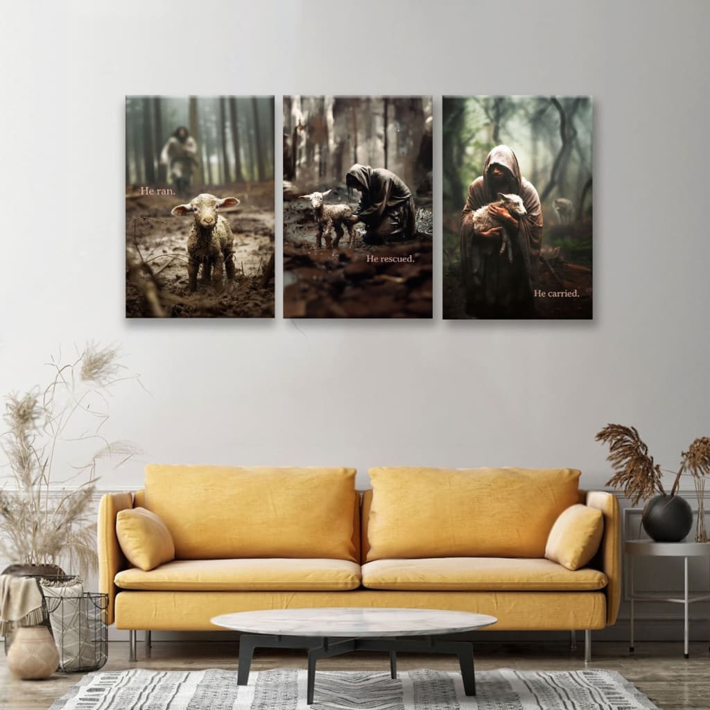He Ran He Rescued Images He Ran He Rescued He Carried, Jesus and Lost Sheep Wall Art Canvas, 3 ...