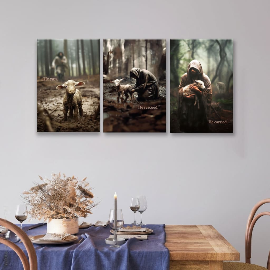 Jesus Lost Lamb, He Ran He Rescued He Carried 3 Panel Wall Art Canvas 3 Panel (20x30)