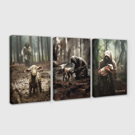 Christian decor, He Ran He Rescued He Carried 3 Panel Wall Art Canvas