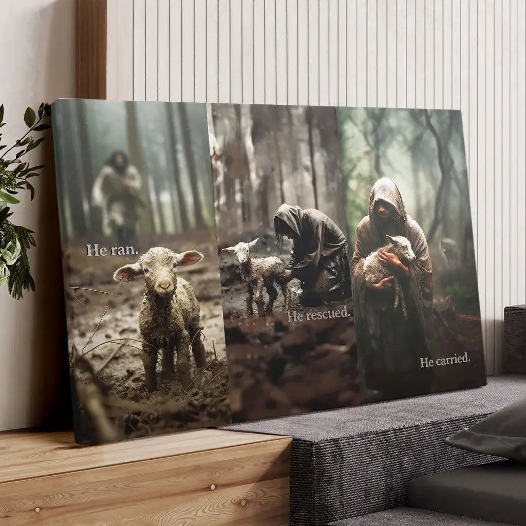 He Ran He Rescued He Carried Jesus and Lost Sheep Wall Art Canvas
