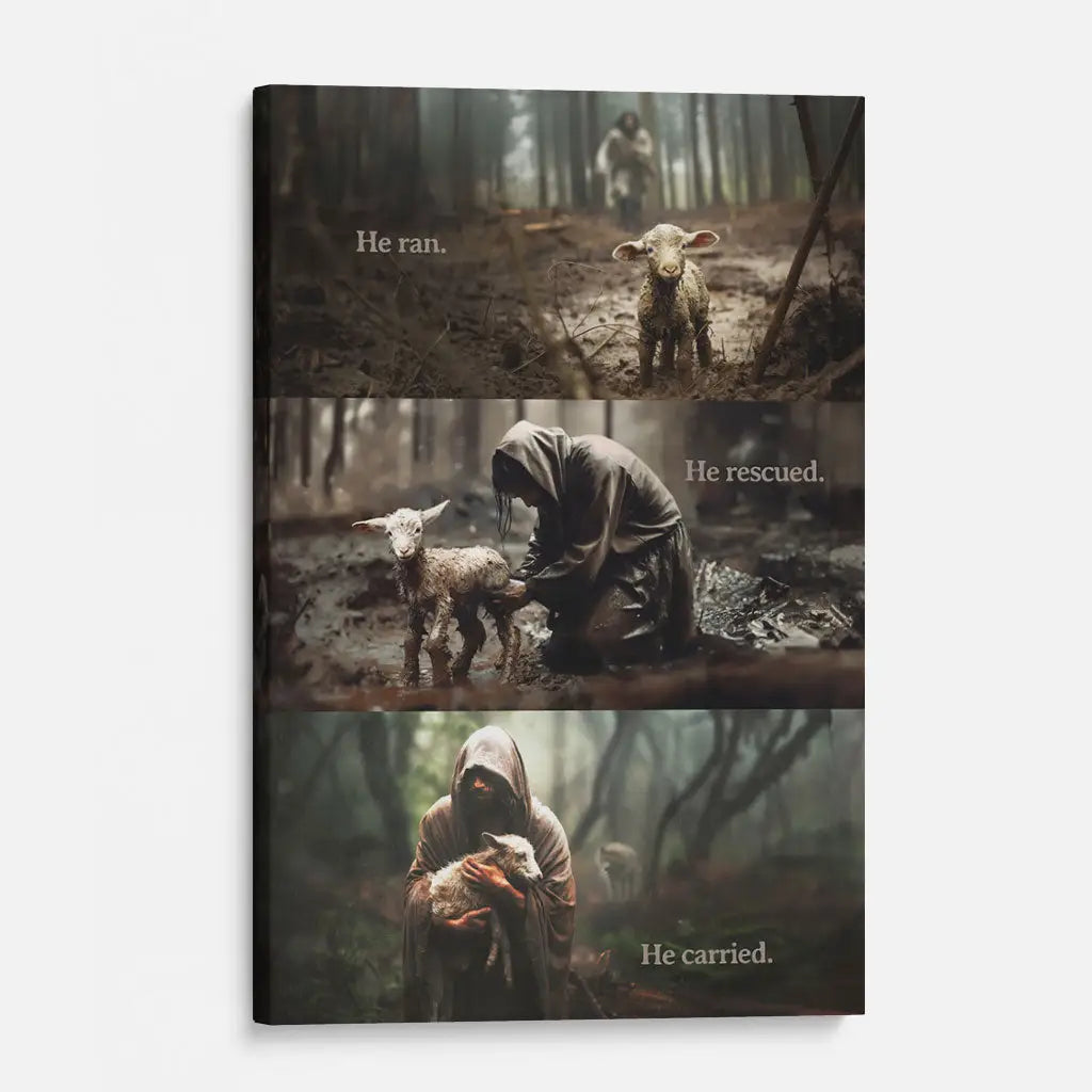 Christian canvas print featuring Jesus carrying a lost sheep, "He Ran He Rescued He Carried," ideal inspirational wall art for believers.