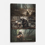 Christian canvas print featuring Jesus carrying a lost sheep, "He Ran He Rescued He Carried," ideal inspirational wall art for believers.