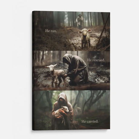 Christian canvas print featuring Jesus carrying a lost sheep, "He Ran He Rescued He Carried," ideal inspirational wall art for believers.