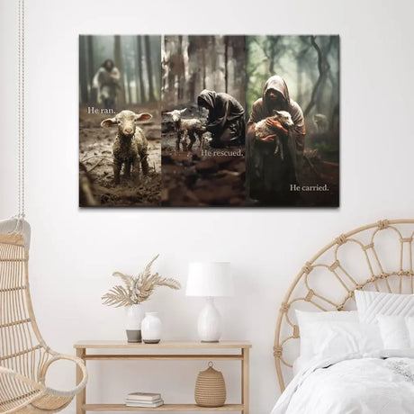 Inspirational canvas print with Jesus rescuing a lost sheep and the message "He Ran He Rescued He Carried," ideal Christian wall art.